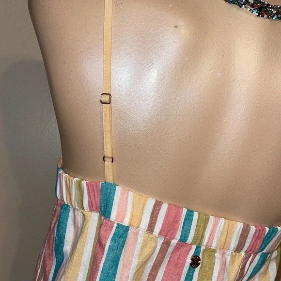 Roxy women’s midi small dress stripe spaghetti linen white yellows pink beach - Picture 5 of 9